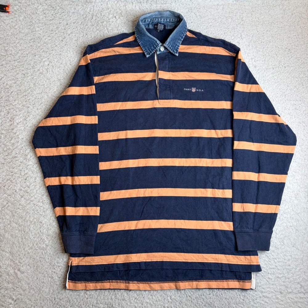 Vintage Gant USA Rugby Shirt Mens L Navy Orange Striped Denim Collar Long Sleeve